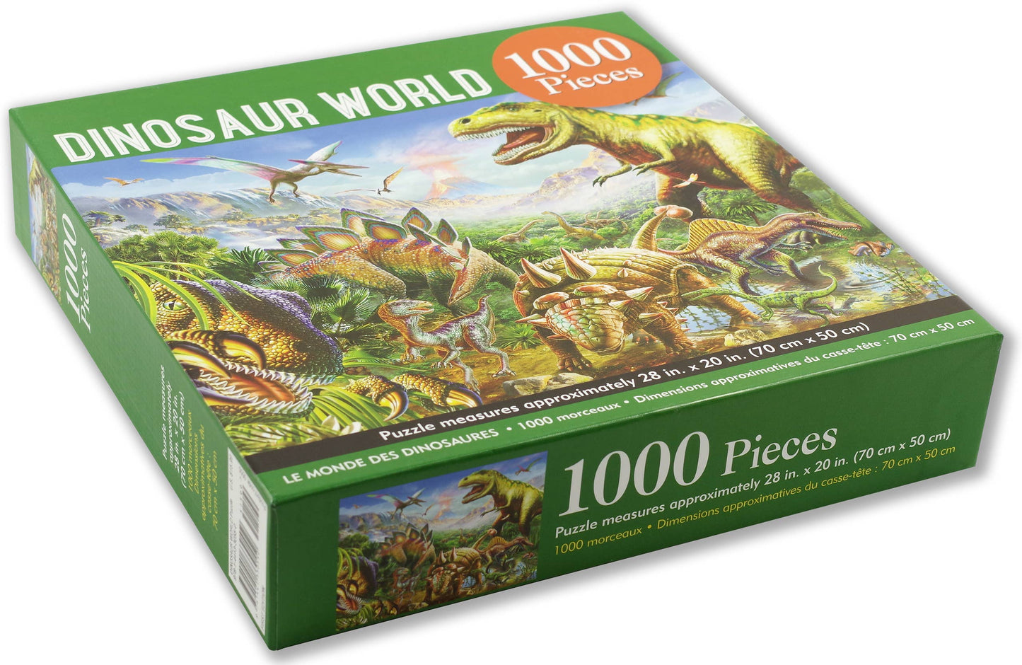 The Dinosaur World Jigsaw Puzzle comes in a green box featuring colorful dinosaur illustrations in a prehistoric landscape. The 1000-piece adult puzzle’s completed image and size details are shown on the box.