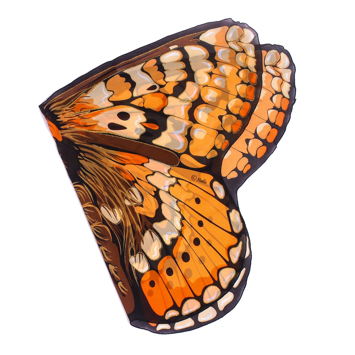The Natural Butterfly & Moth Wings: Monarch Blfy features a single orange, black, and white heart-shaped butterfly wing, ideal for imaginative play or creative dress-up, isolated on a white background.