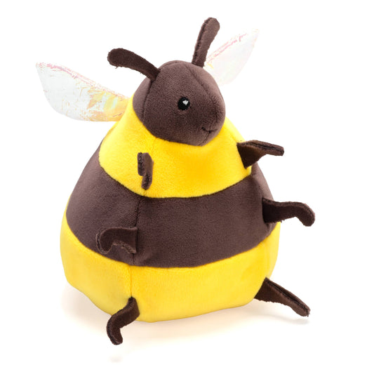 The Flipkins Bumble Bee 5" is an adorable plush toy with yellow and black stripes, soft wings, floppy legs, and a smiling face—perfect for all ages and eco-friendly. It sits upright on a white background.