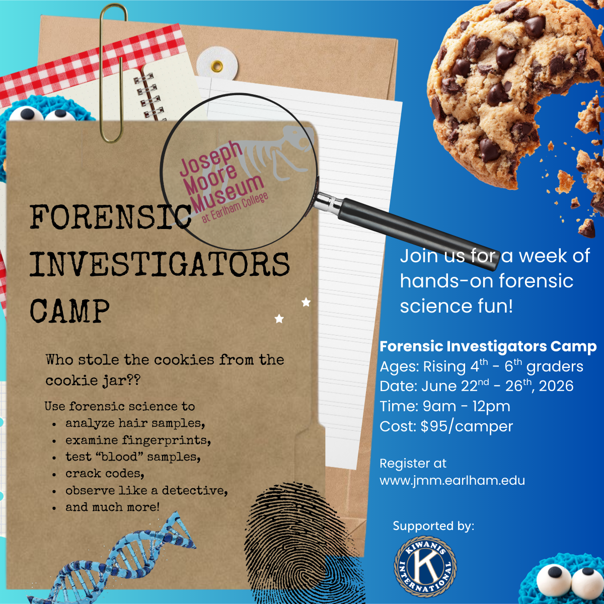 Flyer for Forensic Investigators Camp! Entering 4th–6th grades, June 22–26, 9am–12pm, highlights detective props, a cookie, and clipboard with $95 registration info and payment receipt details.