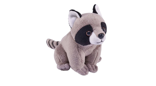 A Pocketkins-ECO-Raccoon Stuffed Animal 5" sits upright against a white background. This eco-friendly plush toy features soft gray fur, black markings around its eyes, a striped tail, and white-tipped ears. The raccoon has a cute, friendly expression and is crafted with environmentally conscious materials.
