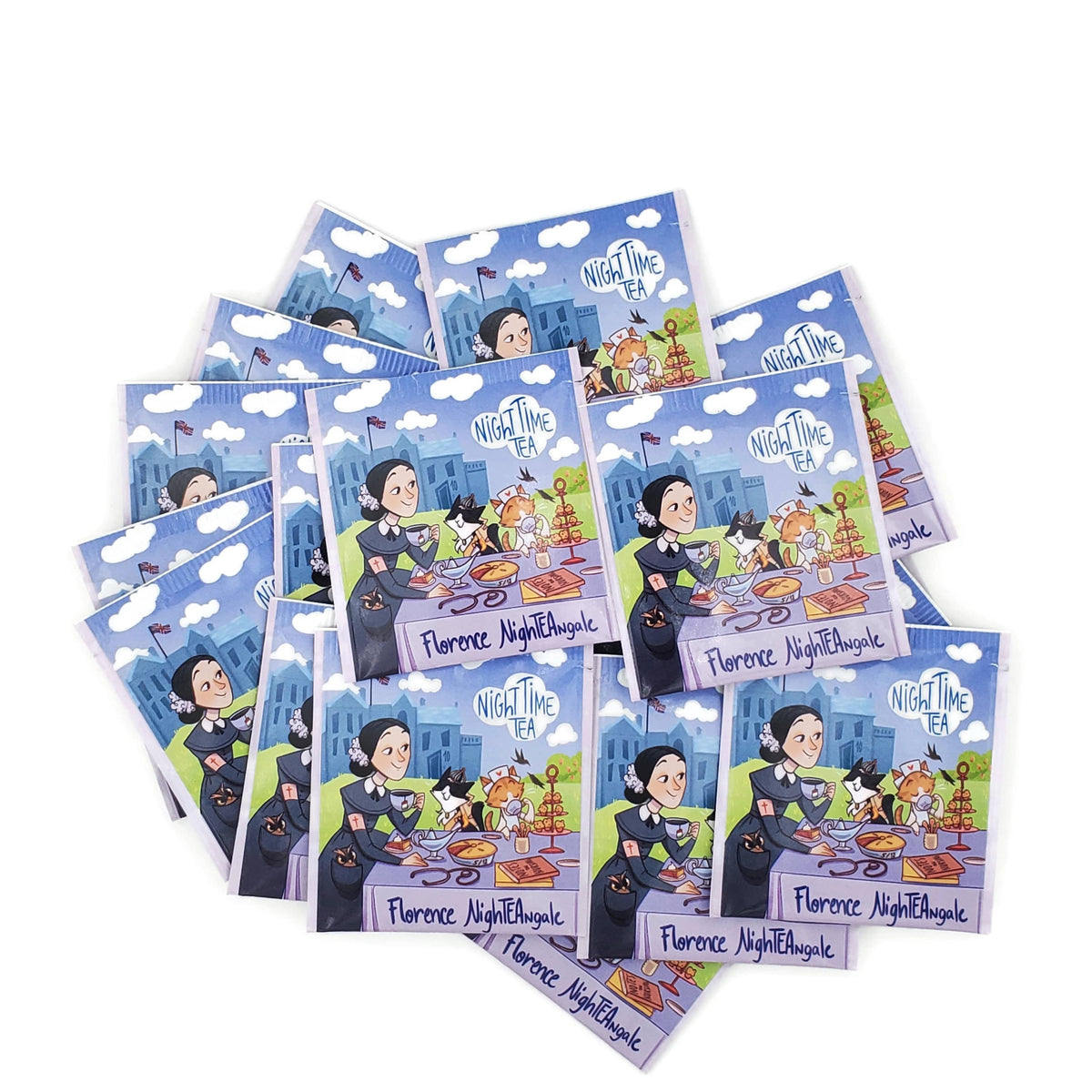 A pile of Florence NightTEAngle: Organic Night Time Tea sachets featuring an illustration of a nurse sitting at a table with a cat, tea, and a tiered serving tray.