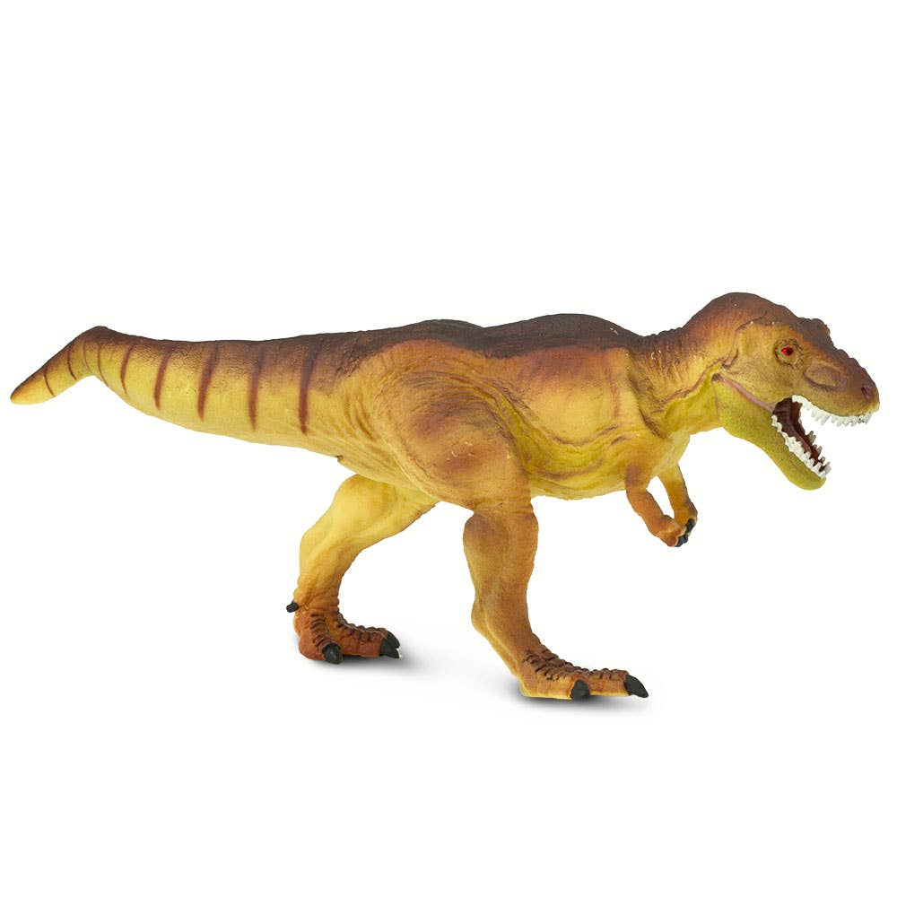 The Tyrannosaurus Rex Kids' Figurine Toy is a plastic model of a T. rex featuring yellow and brown coloring, sharp teeth, small arms, an open mouth, and a two-legged stance—a perfect replica of this iconic theropod dinosaur.