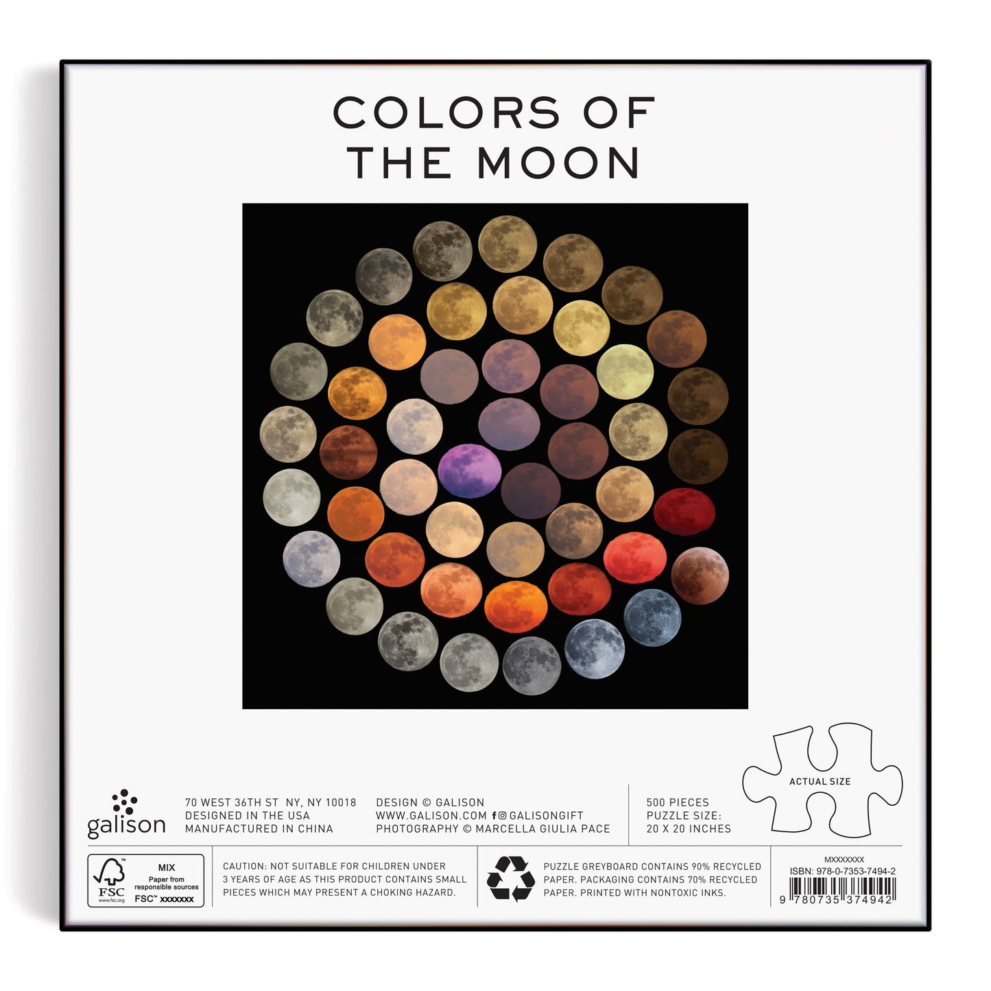 A circle made of 28 vibrant moon photos in different colors and phases appears on a white background, with “Colors of the Moon” above. This is the back of the Colors of the Moon 500 Piece Puzzle box.