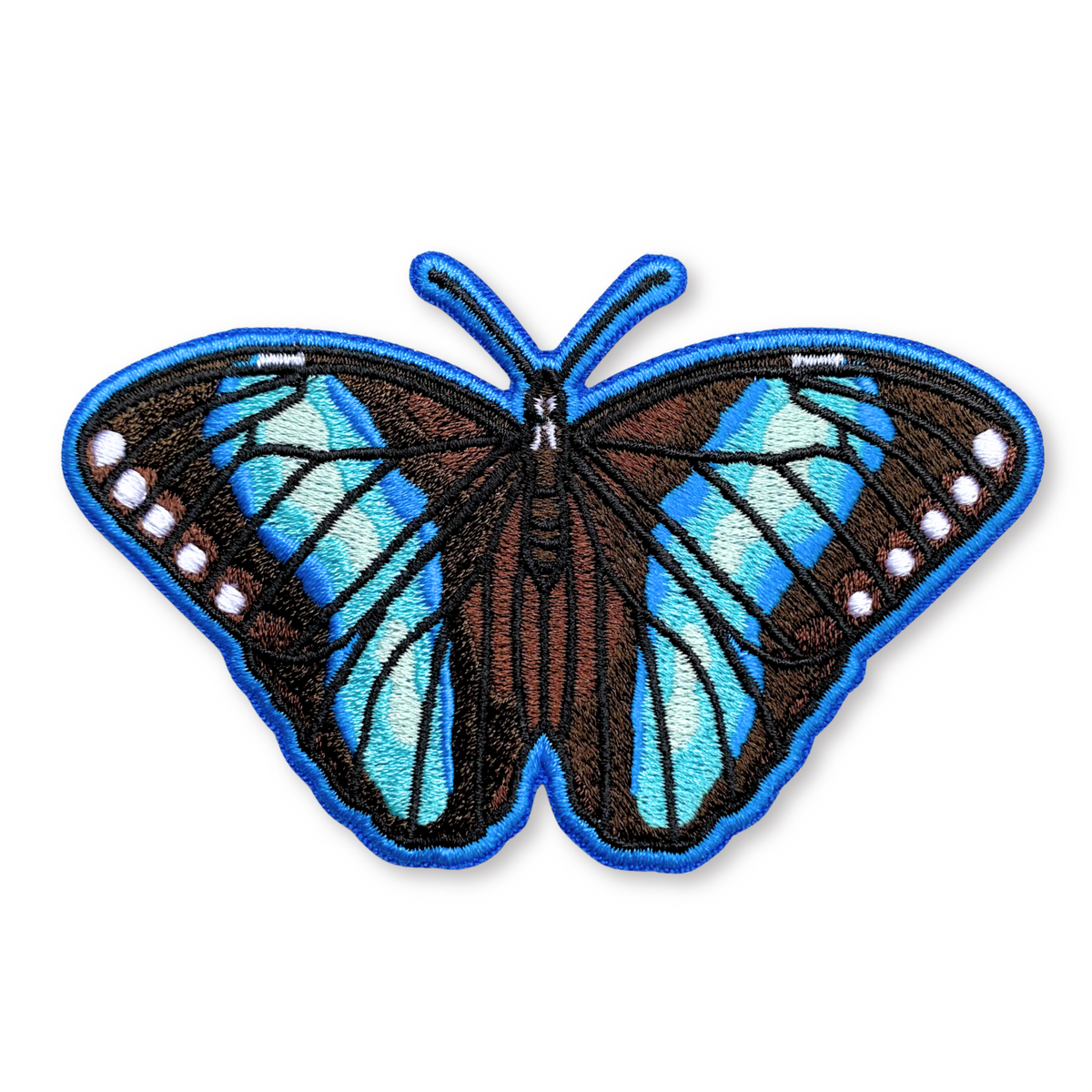 Achilles Morpho Butterfly iron-on embroidered patch with brown wings featuring bright blue accents and a blue border.