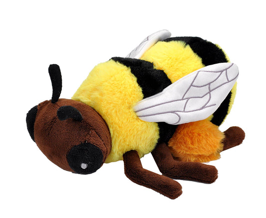 The Ecokins-Mini Bee Stuffed Animal 8" features a yellow and black striped body, brown head and legs, white wings, and an orange stinger—ideal for fans of realistic plush toys.