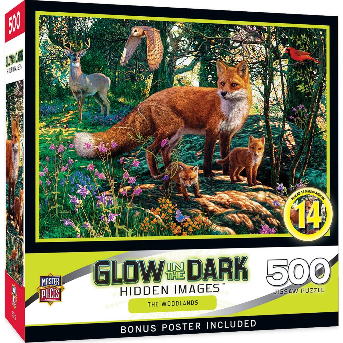 Hidden Images - The Woodlands 500 Piece Puzzle features a glow-in-the-dark woodland scene with a fox, two kits, deer, and birds. It includes 14 hidden images, a bonus poster, and is made from recycled materials.