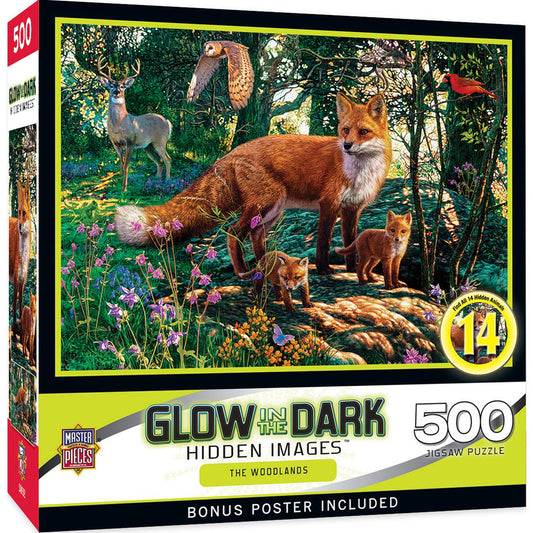 Hidden Images - The Woodlands 500 Piece Puzzle features a glow-in-the-dark woodland scene with a fox, two kits, deer, and birds. It includes 14 hidden images, a bonus poster, and is made from recycled materials.