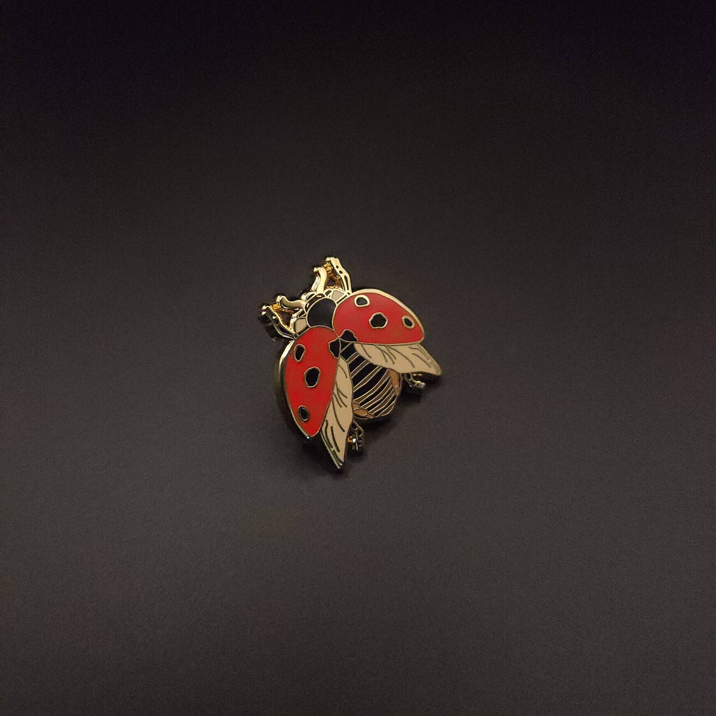 A gold and red Seven-Spotted Ladybug Educational Insect Enamel Pin with black spots rests on a plain, dark background, making for a charming and vibrant good luck accessory.