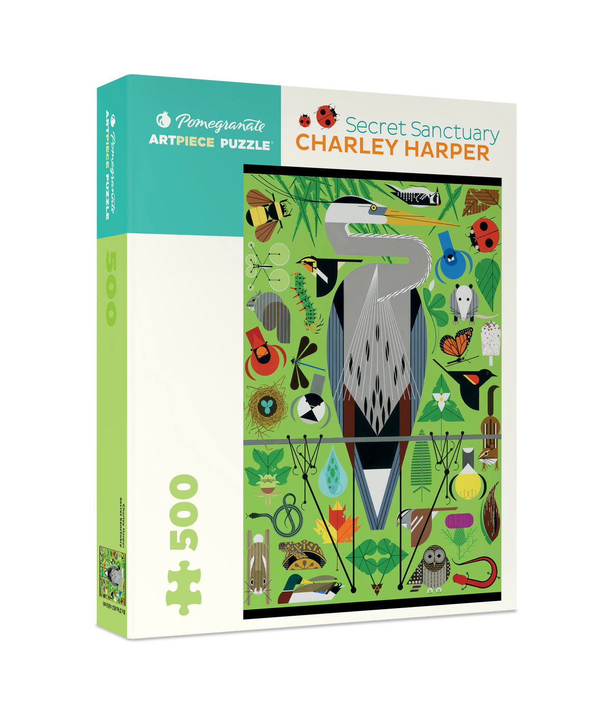 Charley Harper: Secret Sanctuary 500-pieces puzzle box featuring a stylized illustration of a great blue heron surrounded by various insects, small animals, and plants on a bright green background.