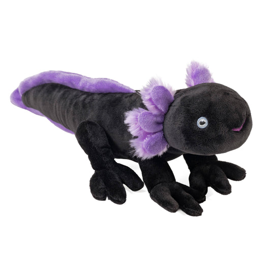 The Ck-Eco-Mini Black Axolotl from Wild Republic is a sustainable plush toy featuring soft black fur, vibrant purple accents, fluffy purple gills, and a ridge along its back. Perfect for axolotl enthusiasts of all ages, it is shown lying on a white background.