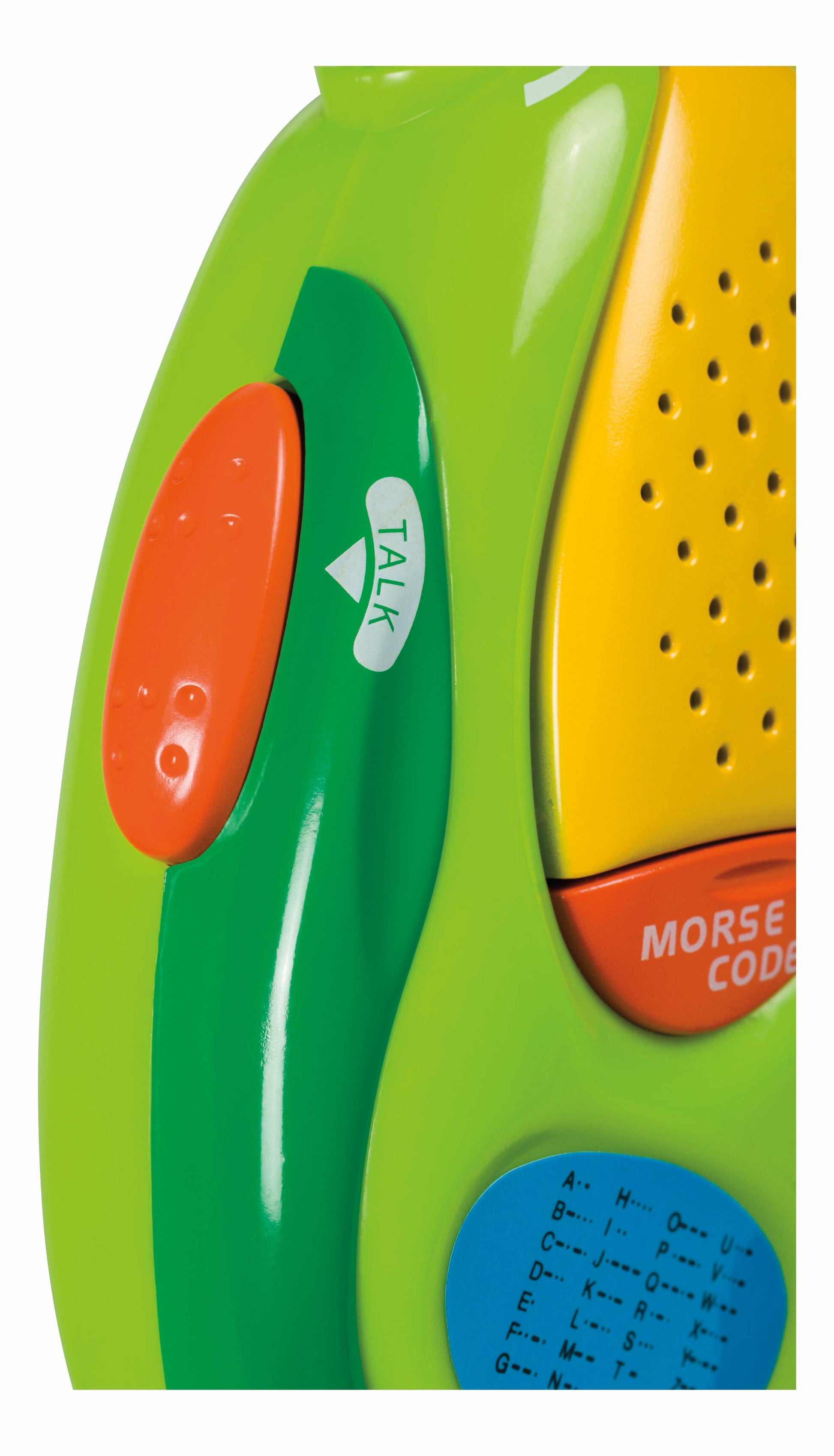 Close-up of the Outdoor Discovery Walkie Talkies with a green, orange, and yellow design, featuring a round orange button, green TALK button, volume control, and a blue Morse code chart displaying letters and codes.