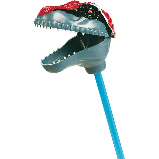 The Pincher Velociraptor is a plastic dinosaur grabber toy featuring a blue handle and a gray-and-red Velociraptor head that opens and closes its mouth—perfect for prehistoric fans or anyone looking for a fun Jurassic-themed dinosaur toy.