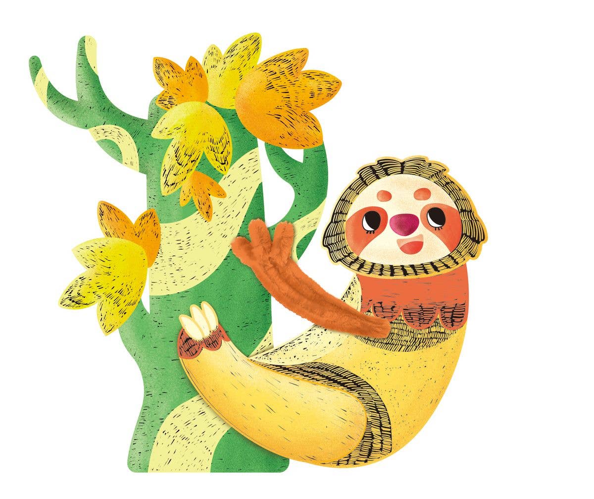A cheerful yellow sloth with orange-brown arms hangs from a green tree with yellow flowers, smiling on a white background—ideal for Scratch Art with Stem SLOTHS kids activity set or 3D animal craft fun.