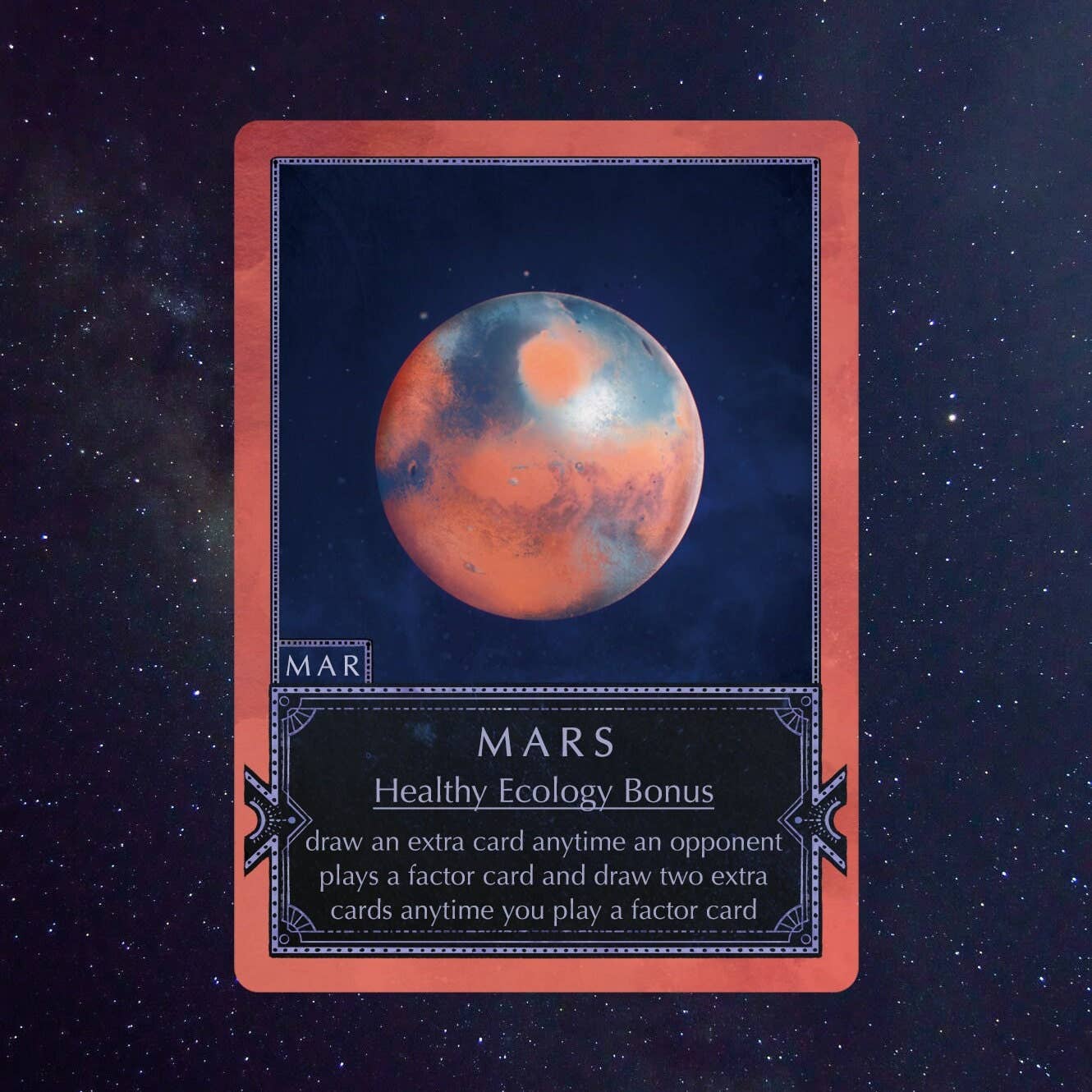 A Mars playing card from Ecologies: Solar System, featuring an image of the planet Mars against a starry space backdrop, grants a Healthy Ecology Bonus with special card-drawing instructions—ideal for enriching your astrobiology or solar system games exploring the wonders of planetary life.