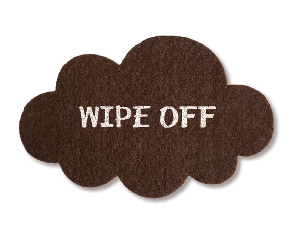 A brown, cloud-shaped doormat with "WIPE OFF" in bold white letters makes a playful entryway accent—perfect for greeting guests after creative fun with the Scratch Art with Stem SLOTHS kit.