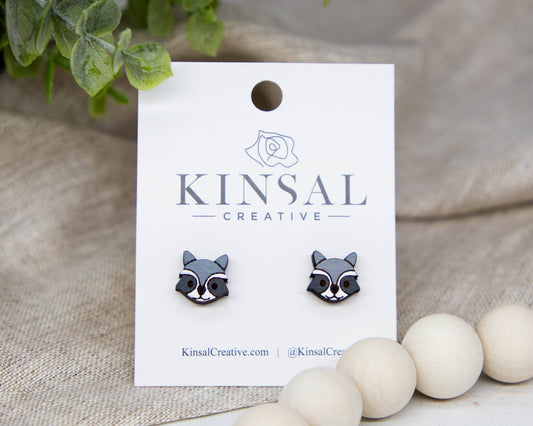 Raccoon Wood Stud Earrings