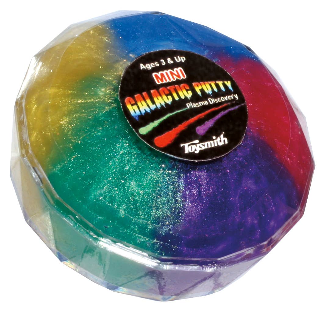 The Mini Galactic Putty is a round, clear container of reusable, shimmering slime in green, yellow, blue, red, and purple. Lid: “Ages 3 & Up, Mini Galactic Putty, Plasma Discovery, Toysmith.” A fun sensory toy for kids.