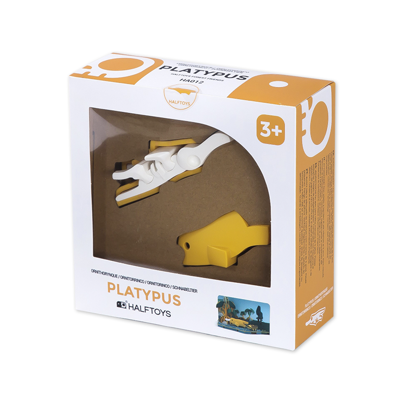 The boxed PLATYPUS toy, for ages 3+, features a yellow and white figure with orange-accented packaging, a clear window, and a fun bone puzzle inside.