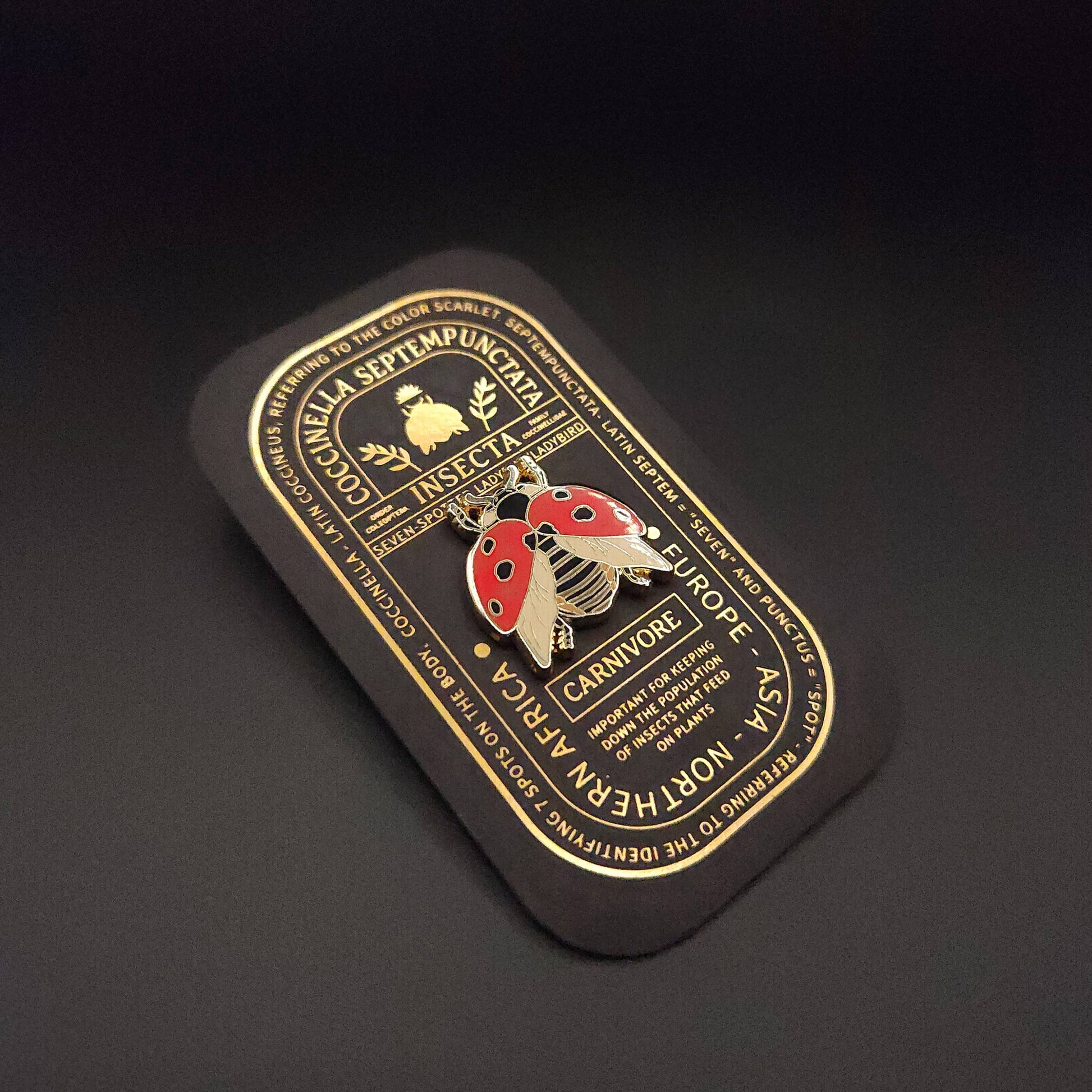 A Seven-Spotted Ladybug Educational Insect Enamel Pin in red and black, featuring a visible skeleton, is showcased on a black and gold card adorned with ornate text and design elements, making this pin a distinctive good luck accessory.