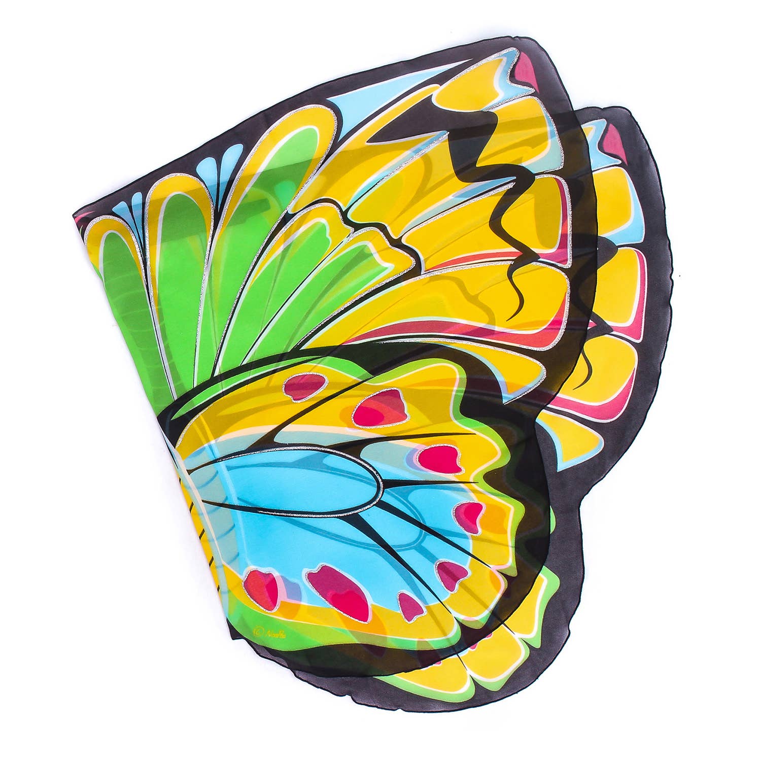 Natural Butterfly & Moth Wings: Buckeye Bfly features vibrant yellow, blue, green, and pink patterns outlined in black—an ideal dress-up or imaginative play costume accessory. Shown flat against a white background.