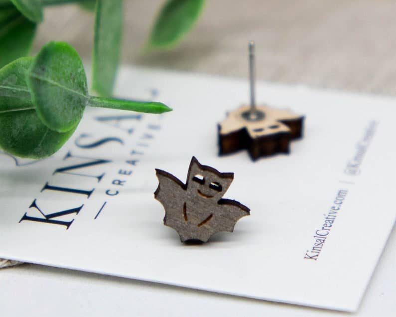Bat Wood Stud Earrings