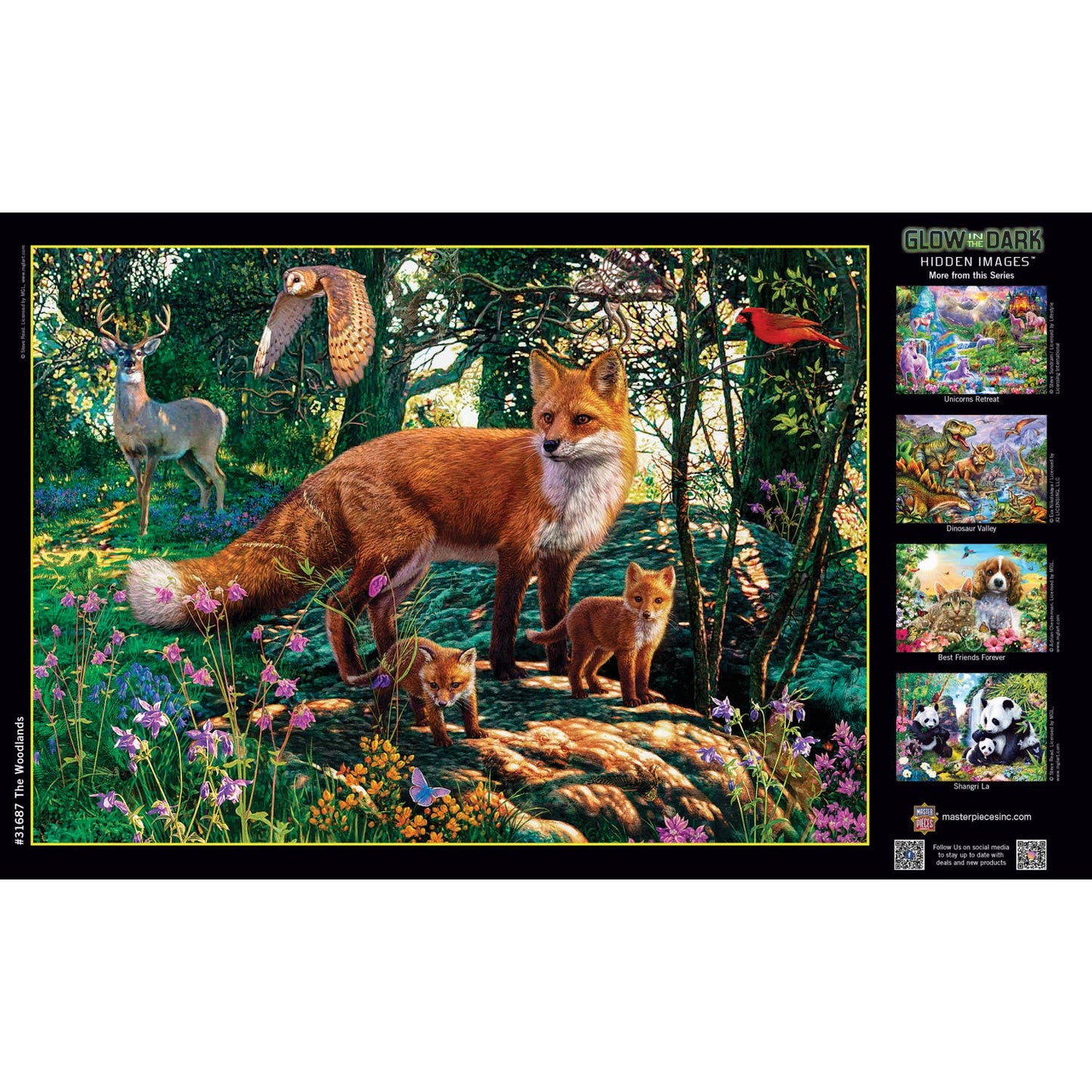 In Hidden Images - The Woodlands 500 Piece Puzzle, a fox and two cubs stand in a sunlit forest as hidden puzzles reveal a deer, owl, squirrel, and more wildlife among trees and flowers in this vibrant woodland scene.