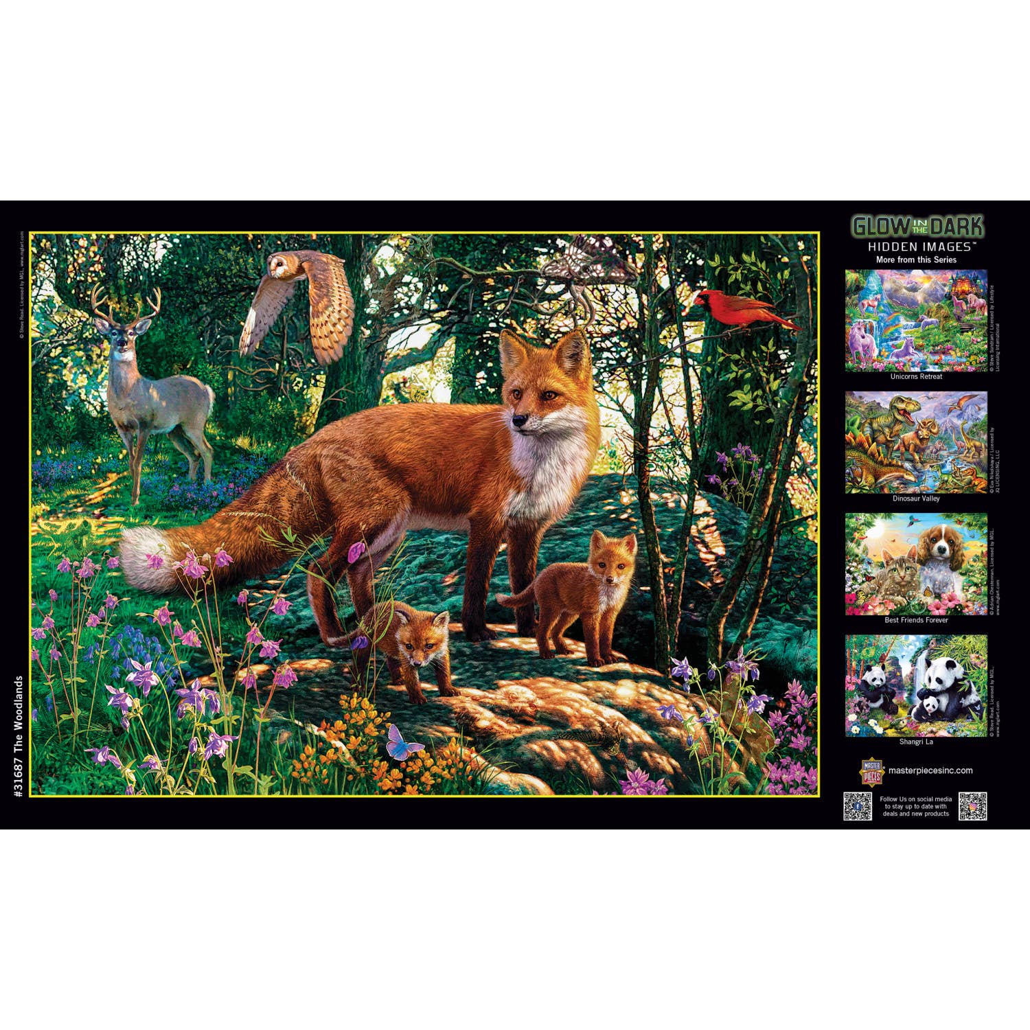 In Hidden Images - The Woodlands 500 Piece Puzzle, a fox and two cubs stand in a sunlit forest as hidden puzzles reveal a deer, owl, squirrel, and more wildlife among trees and flowers in this vibrant woodland scene.