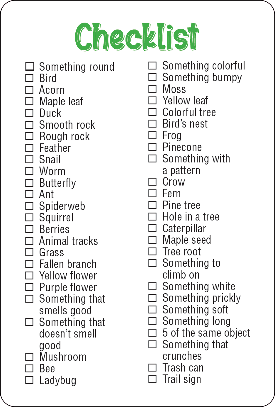 Nature Seek-and-Find Scavenger Hunt Cards feature a green Checklist title and 36 seek-and-find items like bird, leaf, feather, butterfly, mushroom, and berries—perfect for kids’ outdoor adventures or activity cards!.