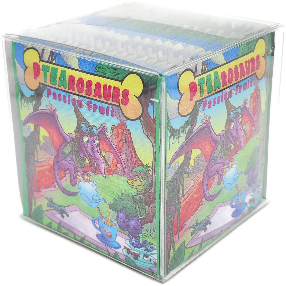 A clear plastic box of PTEAsaurus (pterodactyl) Passion Fruit Tea, featuring an illustration of a purple pterodactyl pouring tea into a blue cup within a prehistoric landscape.