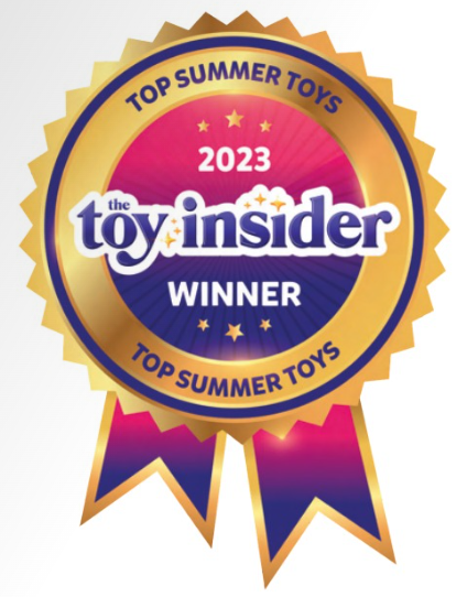 A gold ribbon badge reads 2023 The Toy Insider Winner with Top Summer Toys repeated at the top and bottom. The badge has a blue and purple center with stars and a gold border—perfect for celebrating standout toys like the Artist-Dino Velociraptor Stuffed Animal 15", a realistic plush toy beloved by kids and collectors alike.