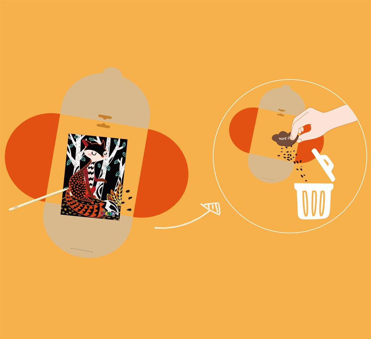 An illustration features a phone with a vibrant image like rainbow scratch paper—Scratch Art 4 MAGIC ANIMALS. A hand removes an NFT shape and drops it into the trash against an orange background with abstract designs.