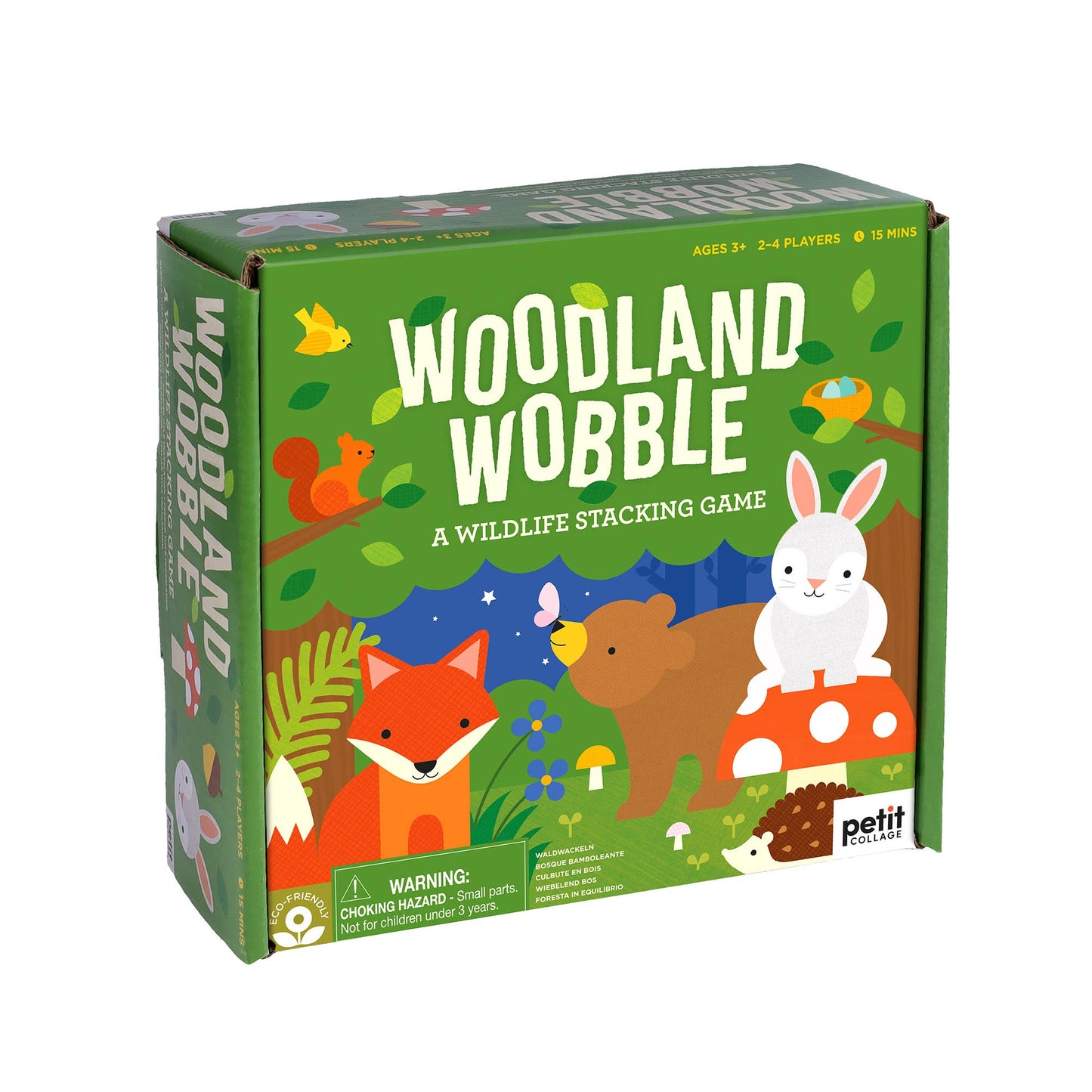 Box for Woodland Wobble: A Wildlife Stacking Game features a fox, bear, rabbit, bird, frog, and hedgehog among trees and mushrooms on green. For ages 3+, 2-4 players. A fun stacking game that builds fine motor skills.