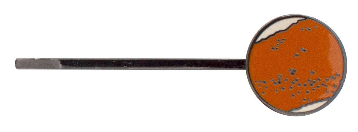 Planet Hair Pins: A metal hairpin with a round, orange enamel planet design featuring scattered dots and white patches—ideal for fans of astronomy or solar system-themed hair accessories.