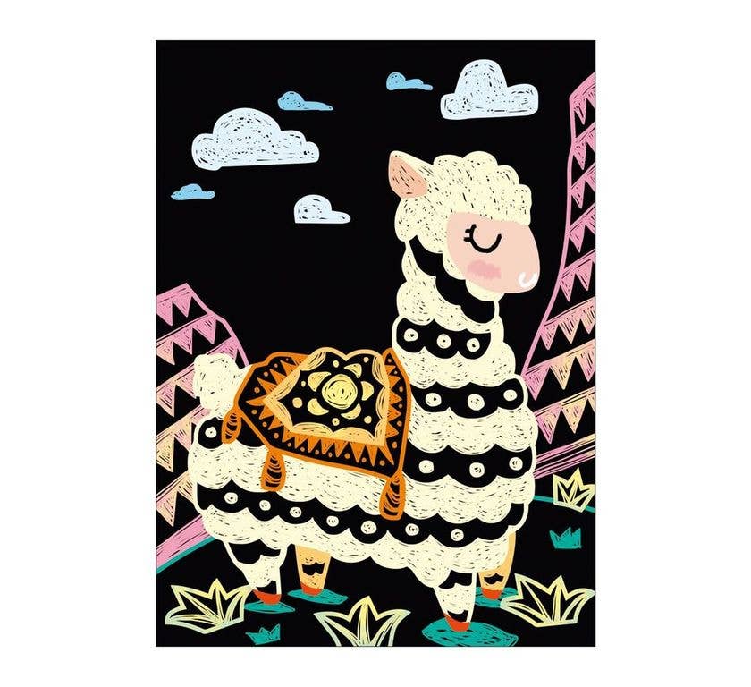 A vibrant image of a smiling alpaca with a patterned blanket on grassy ground, mountains, and clouds under a black sky—just like the magical scenes you can create with the Scratch Art 4 MAGIC ANIMALS kit.