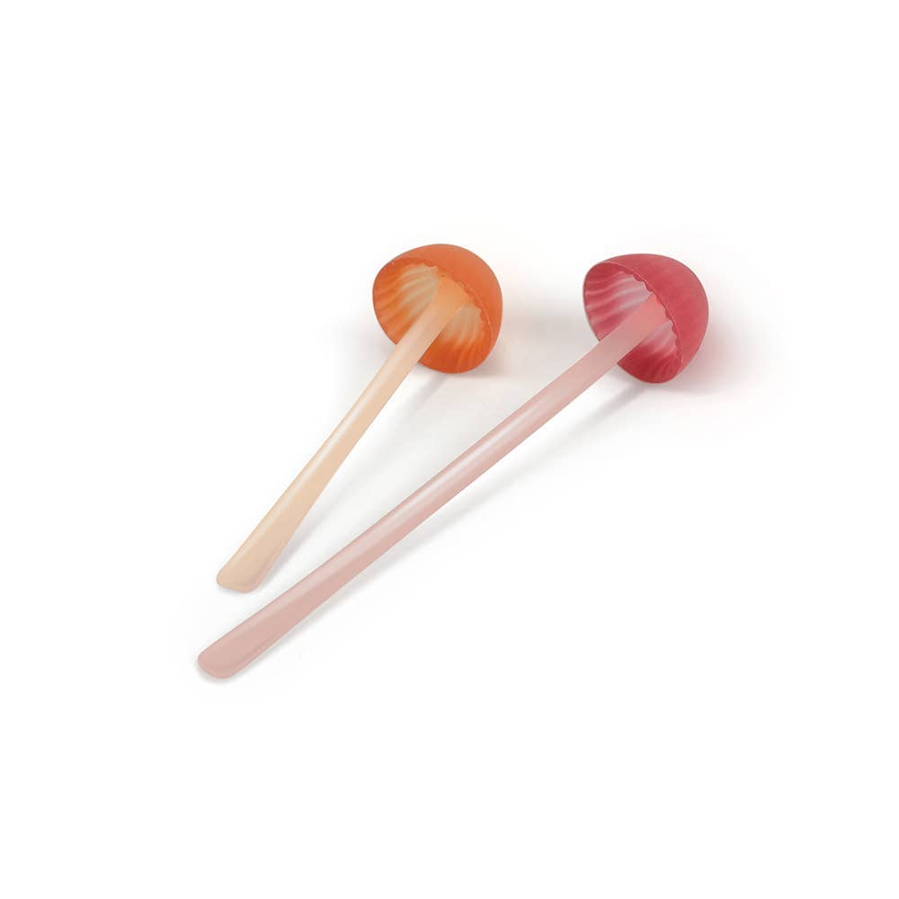 2 mini mushroom-shaped silicone bookmarks (one pink, one orange)