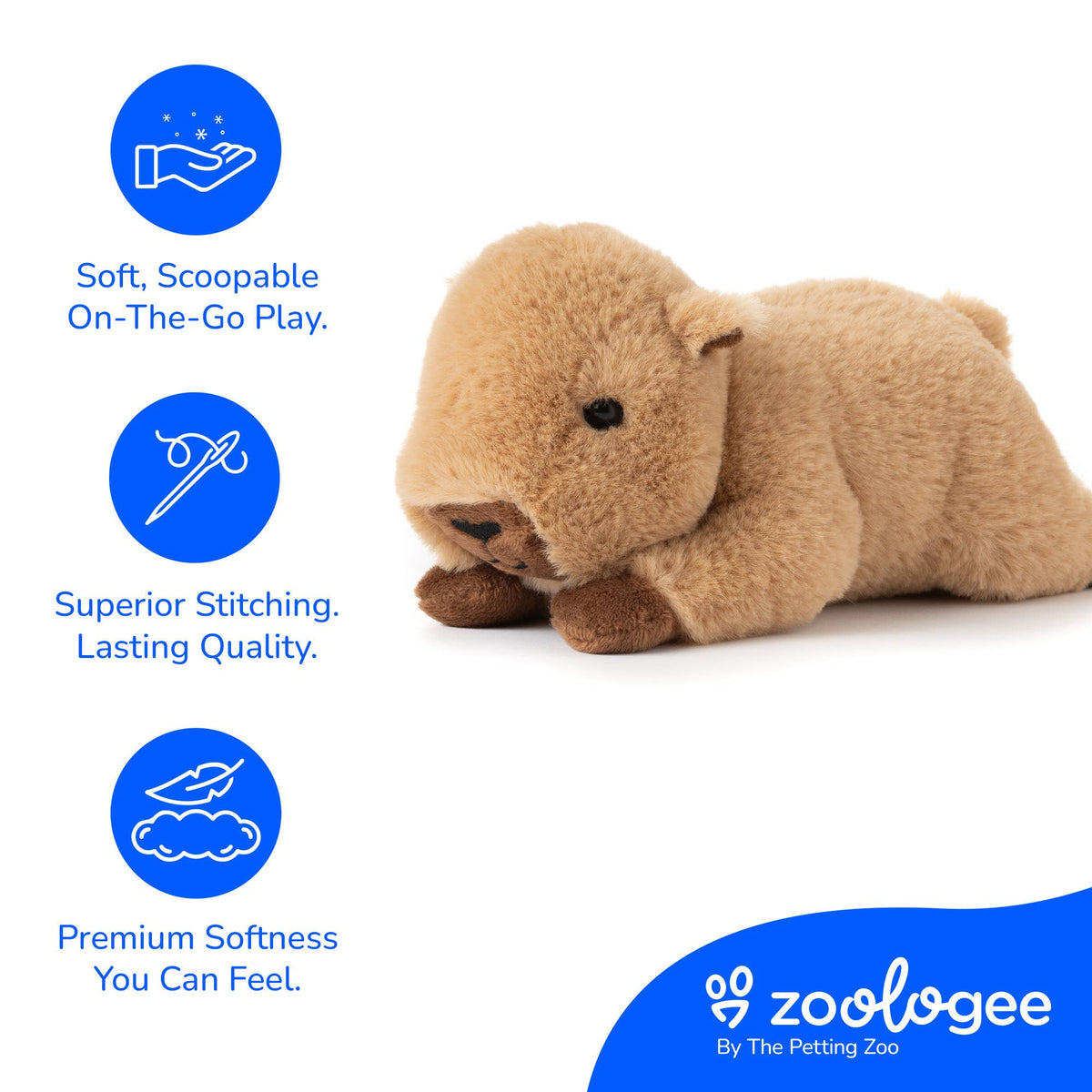 The Scoopz Capybara Small 8″ (21cm) plush toy is featured with soft brown fur, making it a charming addition to any safari-themed nursery decor. Icons showcase its features: huggably soft and scoopable for play, crafted with quality stitching, and designed for premium softness. The Zoologee logo and slogan at the bottom right highlight this stuffed animal capybara’s delightful appeal.