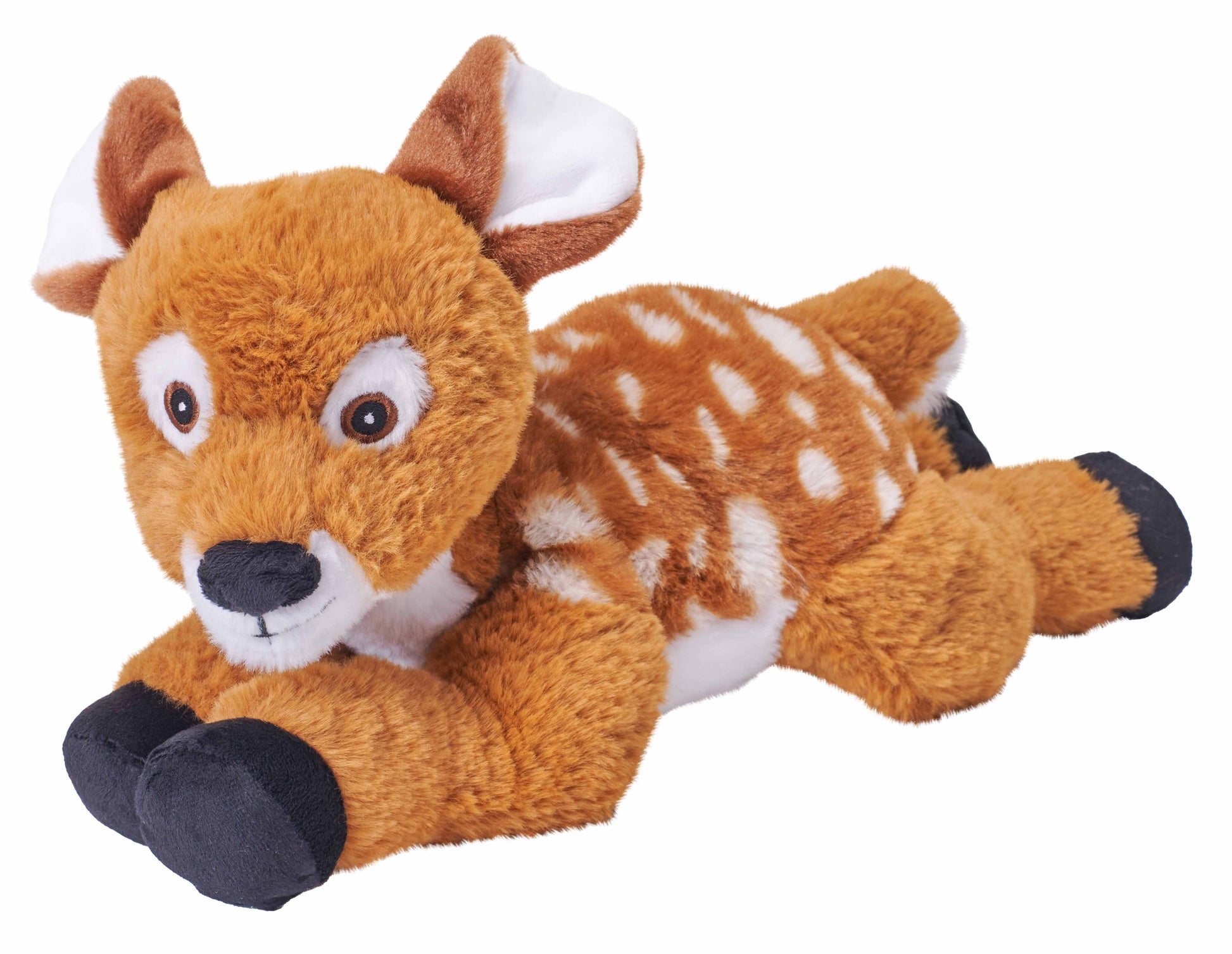 The Ecokins Fawn Stuffed Animal 12" is an eco-friendly plush deer with brown fur, white spots, black hooves, white inner ears, big round eyes, and lies on its stomach with legs stretched out.