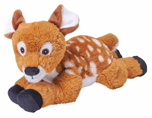 The Ecokins Fawn Stuffed Animal 12" is an eco-friendly plush deer with brown fur, white spots, black hooves, white inner ears, big round eyes, and lies on its stomach with legs stretched out.