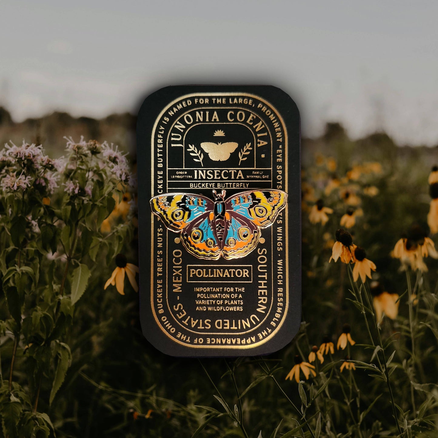 A Buckeye Butterfly Educational Insect Enamel Pin tin, featuring a vibrant butterfly illustration and educational text about pollinators, is nestled among yellow wildflowers in a field, with softly blurred greenery and sky in the background—making it a perfect gift for butterfly enthusiasts.