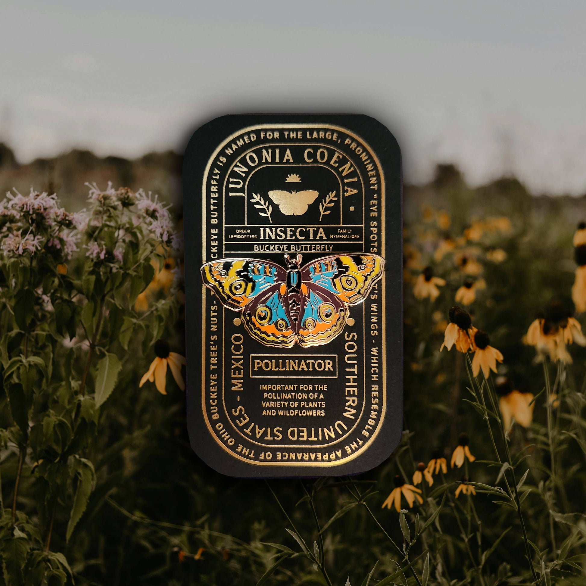 A Buckeye Butterfly Educational Insect Enamel Pin tin, featuring a vibrant butterfly illustration and educational text about pollinators, is nestled among yellow wildflowers in a field, with softly blurred greenery and sky in the background—making it a perfect gift for butterfly enthusiasts.