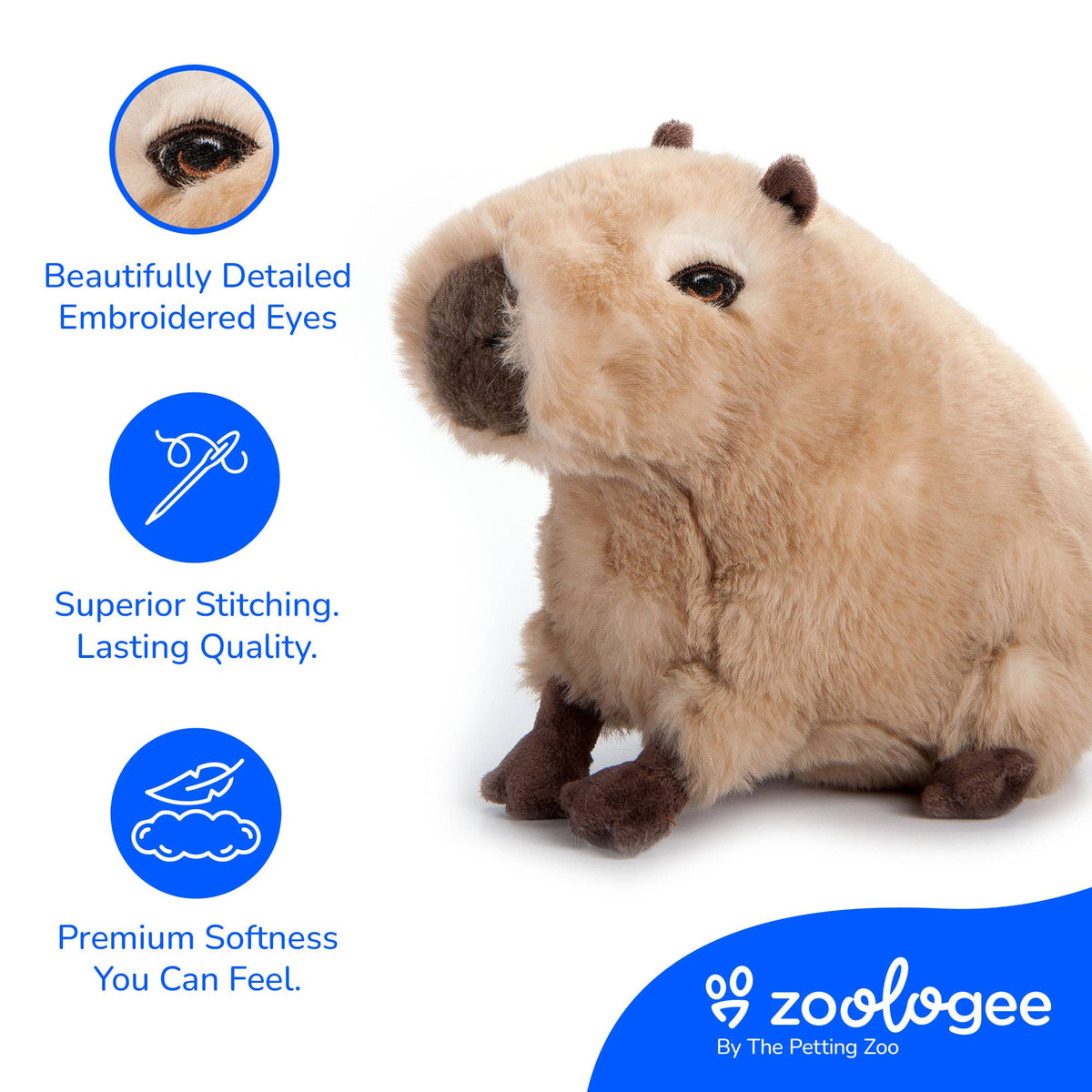 Introducing the Earth Keeperz Capybara small 10″ Recycled Plush: a thoughtfully crafted stuffed animal featuring soft beige fur, brown feet, and detailed embroidered eyes. Highlighting superior stitching and premium softness, this plush is made from recycled materials. Zoologee logo appears in the corner.
