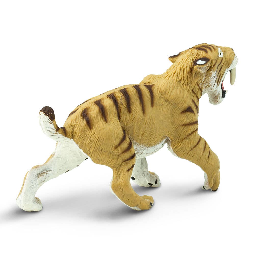 The Smilodon Saber-Toothed Cat Figurine Toy is a plastic model inspired by the legendary Smilodon of Rancho La Brea tar pits, featuring tan fur, black stripes, a white underbelly, and two long fangs, depicted walking on all fours.