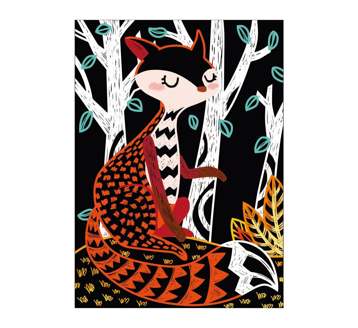 Scratch Art 4 MAGIC ANIMALS features a vibrant, stylized fox with closed eyes on a patterned tree stump amid white trees with teal leaves. The whimsical design pops against a black background, reminiscent of rainbow scratch paper.