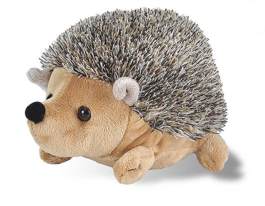 The Hedgehog Stuffed Animal 8" by Wild Republic features a light brown face, black button eyes, a round black nose, small ears, and a back covered in soft, textured gray and white spines.