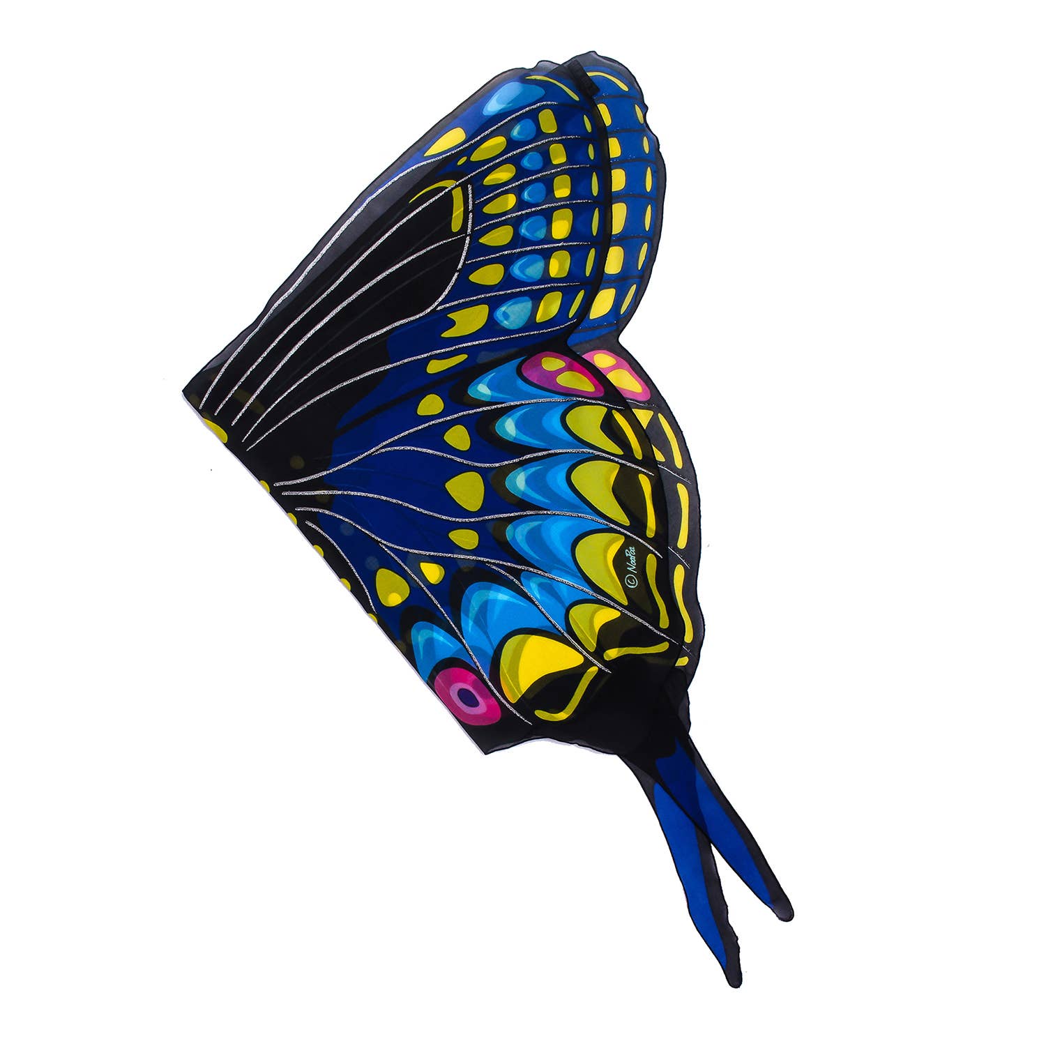 The Natural Butterfly & Moth Wings: Buckeye Bfly features black, yellow, blue, turquoise patterns with pink spots and two bottom straps for easy wear; perfect for imaginative play and shown on a white background.