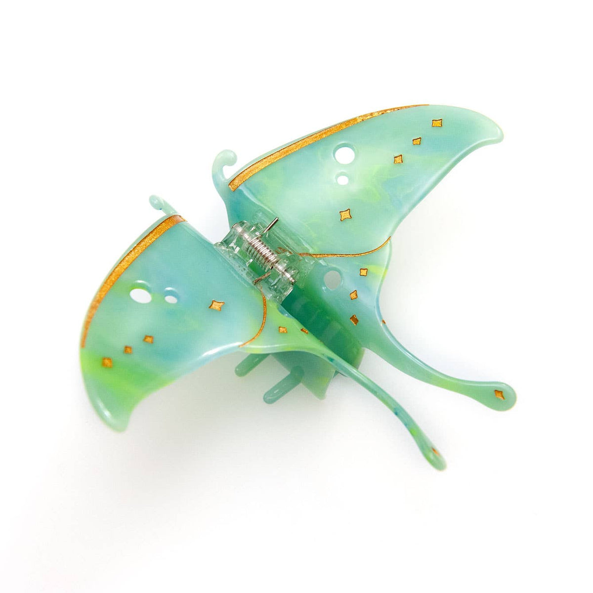 Translucent light green acetate Luna Moth Hair Claw Clip shaped like a luna moth with gold accents.