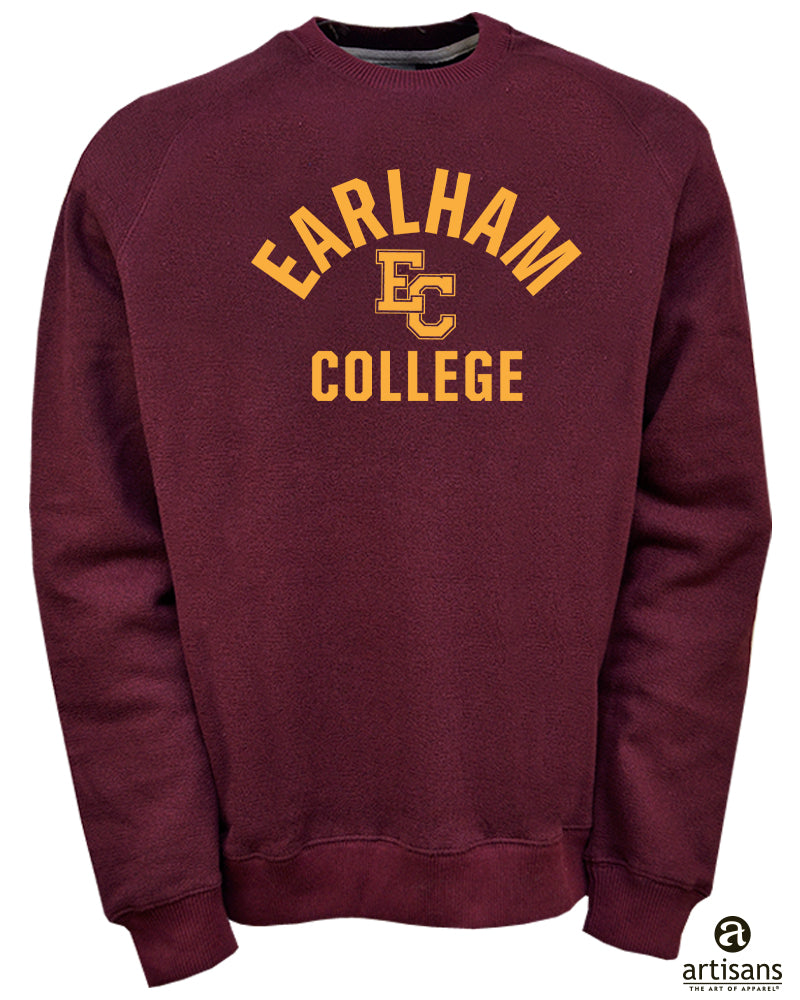 A maroon & gold embroidered sweater featuring “EARLHAM COLLEGE” and “EC” in yellow text on the front, with the Artisans logo in white on the bottom right corner.