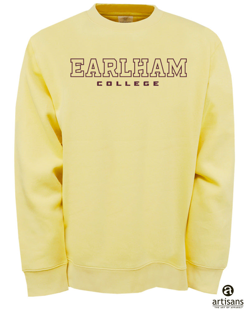 The Embroidered A-Team Crew is a light yellow crewneck sweatshirt featuring "EARLHAM COLLEGE" embroidered in maroon and white text on the front, with the Artisans logo displayed in the lower right corner.