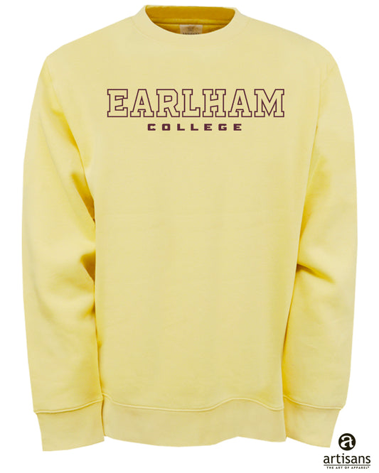 The Embroidered A-Team Crew is a light yellow crewneck sweatshirt featuring "EARLHAM COLLEGE" embroidered in maroon and white text on the front, with the Artisans logo displayed in the lower right corner.